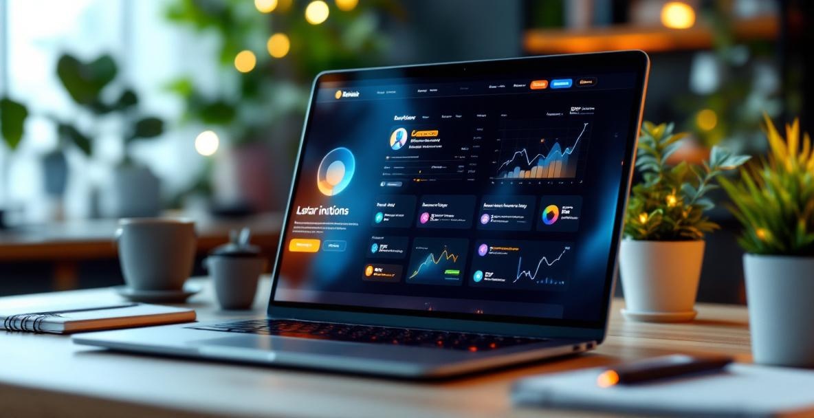 Laptop displaying an interactive modern website interface with office items nearby in a professional setting.