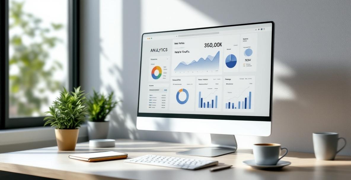 Modern office workspace with monitor showing analytics graphs on web traffic and engagement.