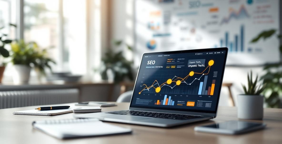 Modern workspace with laptop showing organic traffic graph, notepad, and whiteboard with SEO terms.