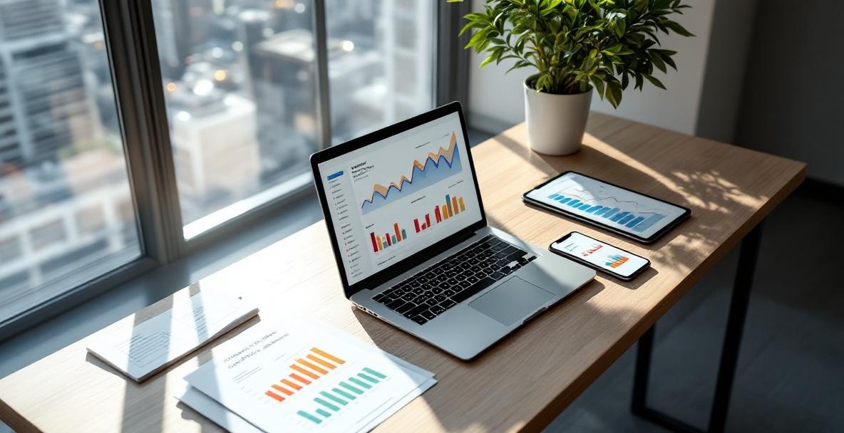 Modern workspace with devices showing analytics and traffic growth, overlooking a sunlit cityscape.