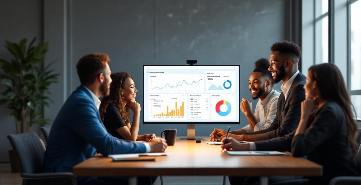 Diverse group discussing website analytics, focusing on bounce rate and audience insights around a digital dashboard.