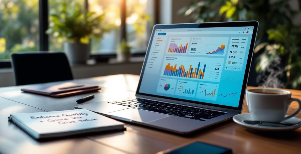 Modern office desk with a laptop showing website analytics and a notebook with notes.