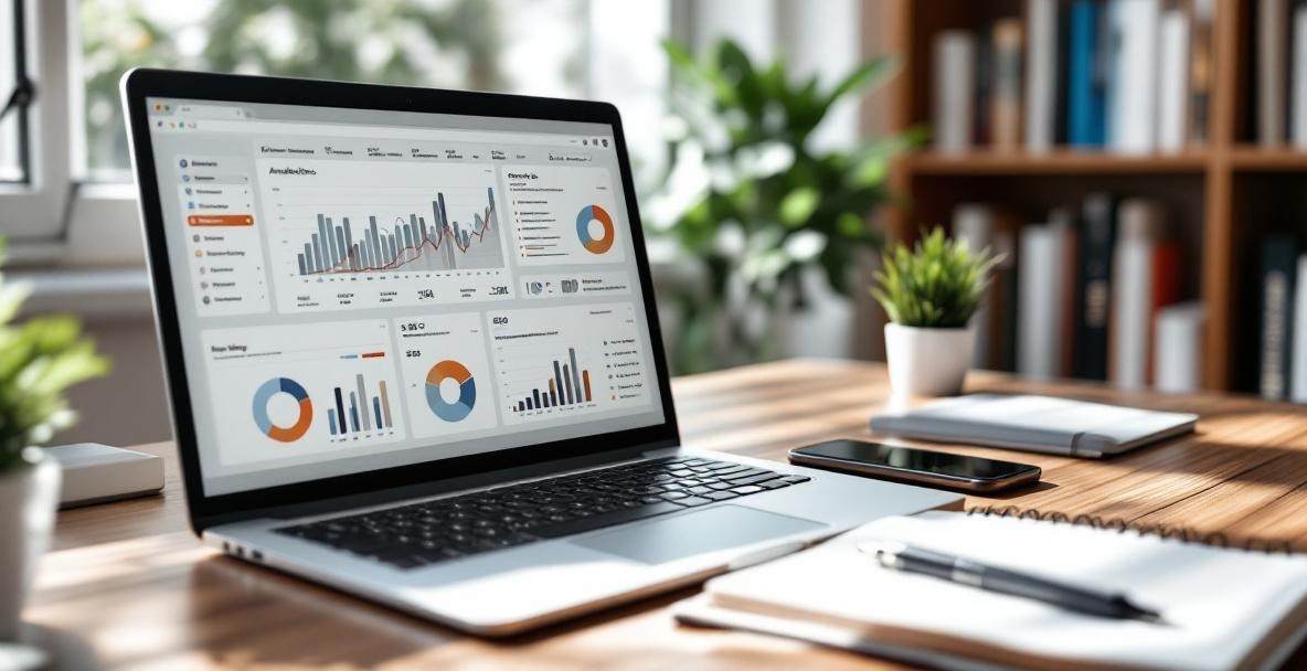 Professional workspace with laptop showing analytics, notebook, smartphone, and bookshelf.