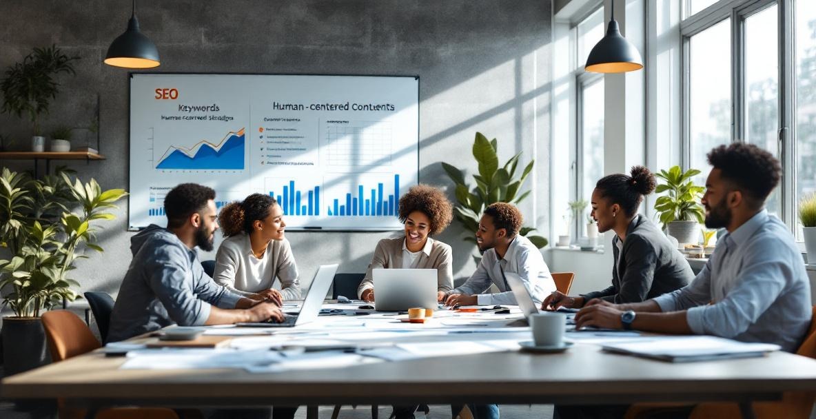 Diverse marketers collaborate in an office, focusing on SEO and content strategy.