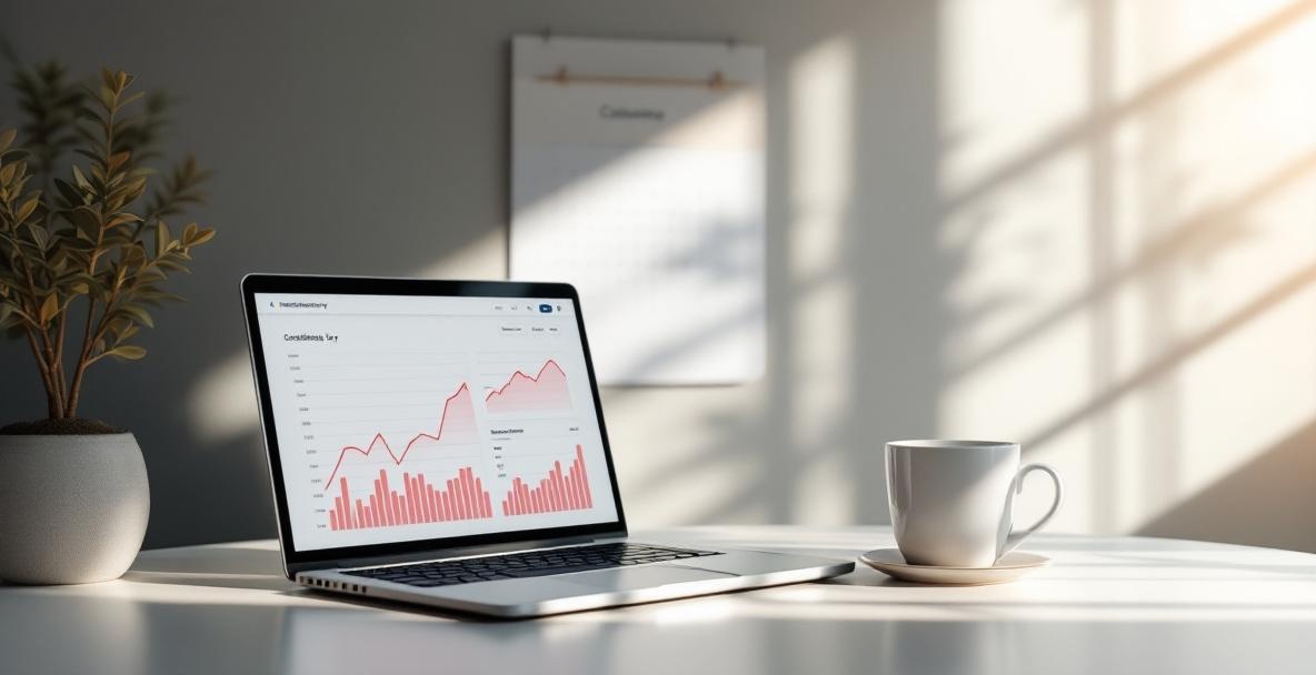 Workspace with laptop showing analytics and a calendar marked with content posting dates.