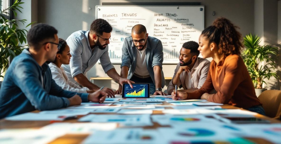 Professionals discussing trends at a large table in a modern office setting with graphs and a whiteboard.