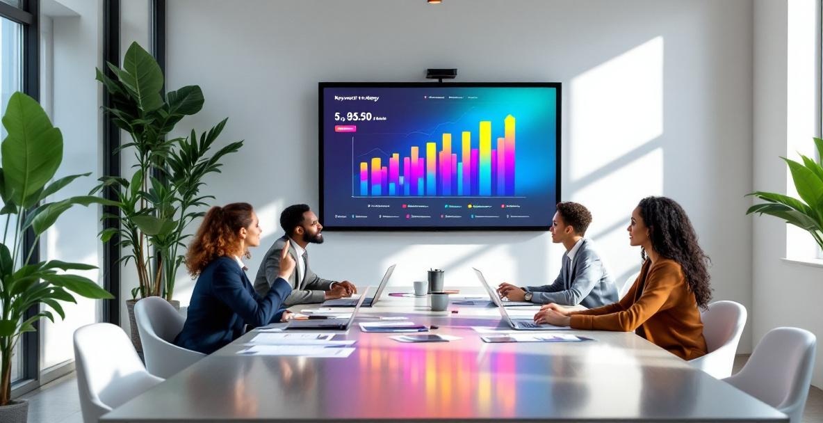 Diverse professionals in a modern meeting room discuss upward trend charts on a large screen.