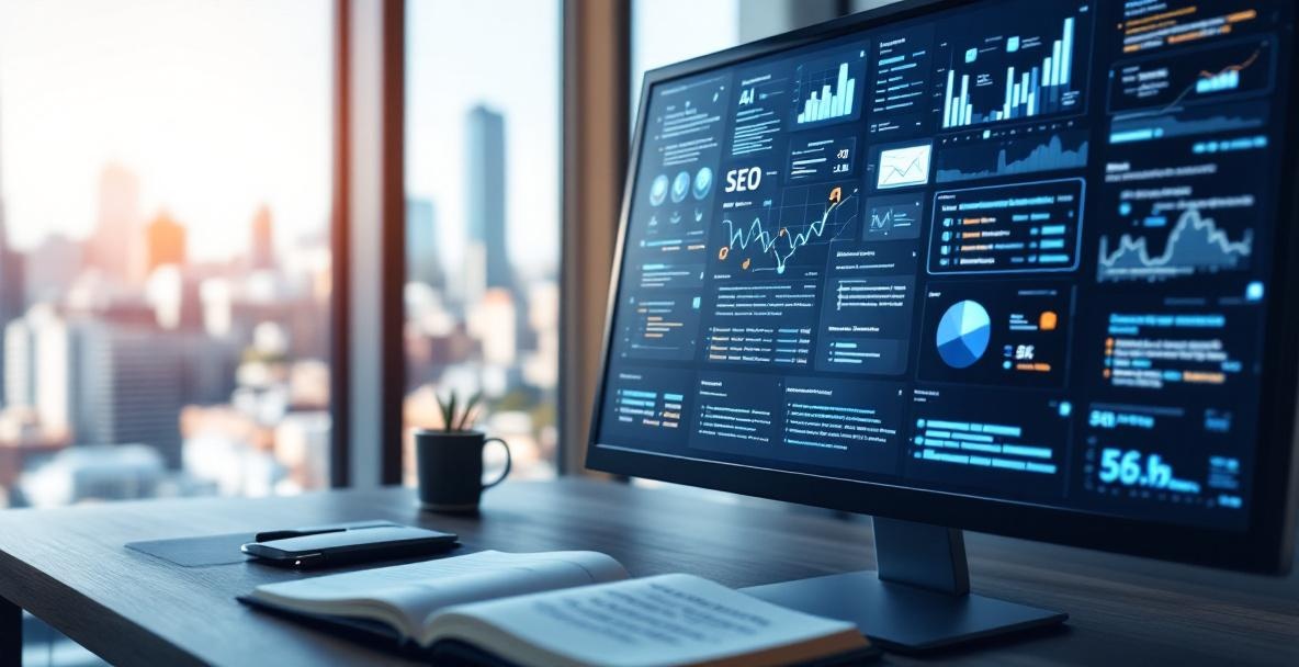 Modern office with a computer displaying AI algorithms, SEO notes, and city view in background.