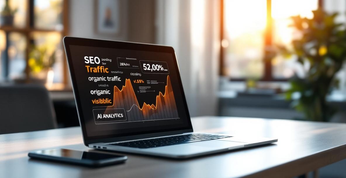 AI tools enhancing SEO with devices displaying traffic analytics in a modern office.