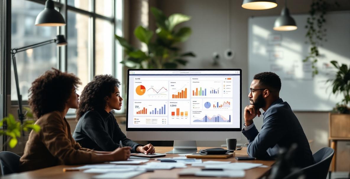 Diverse professionals collaborate on SEO strategy in a modern office.