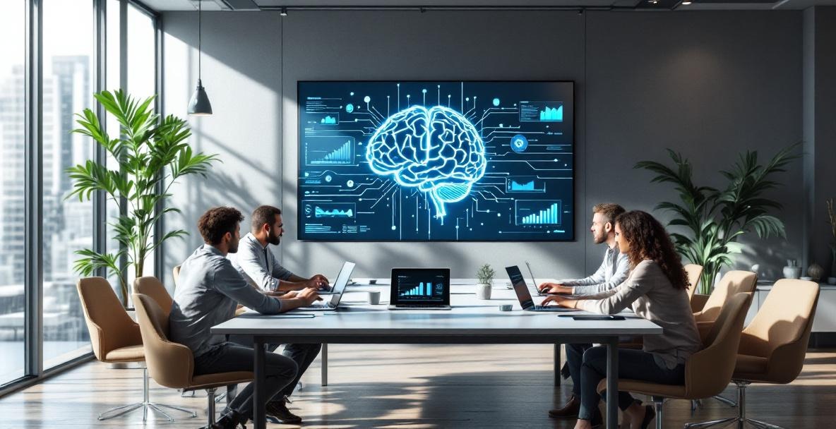 Diverse professionals collaborate on SEO analytics with AI integration.