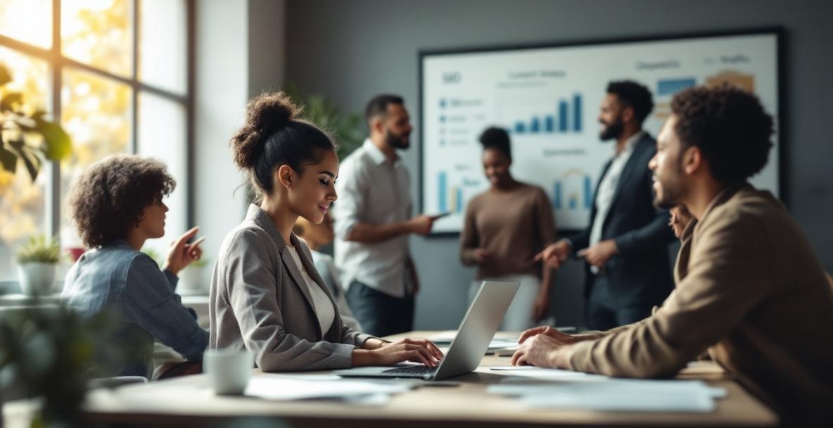 Diverse professionals collaborate in a modern office with AI tools and digital screens.