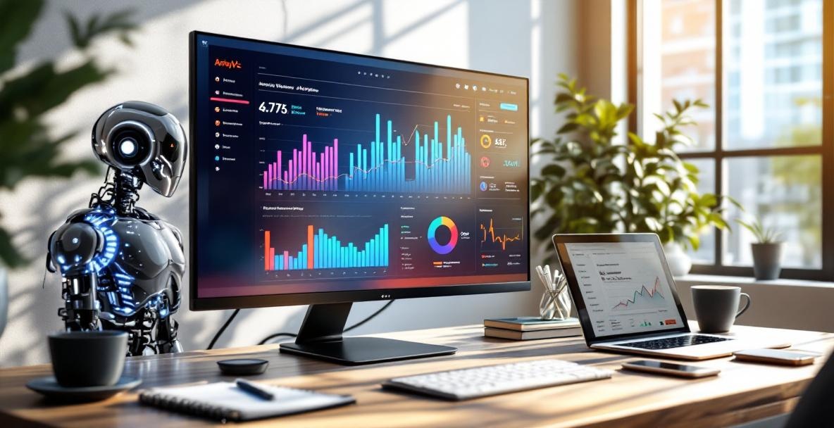 Modern office with analytics monitor and AI assistant, showcasing SEO enhancements.