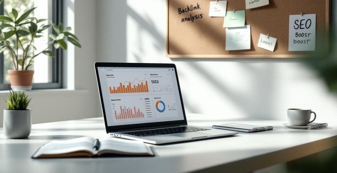 Office desk with laptop showing backlink analysis dashboard and notebook with SEO notes.