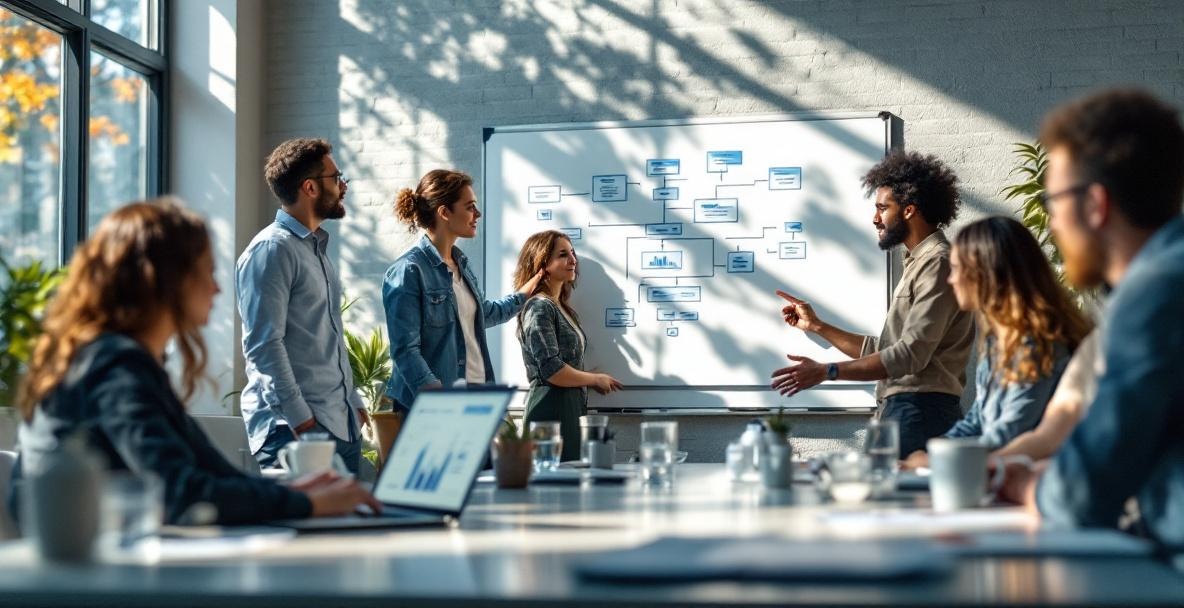 Diverse team in an office discussing backlink strategies with a whiteboard and data analytics on a laptop.