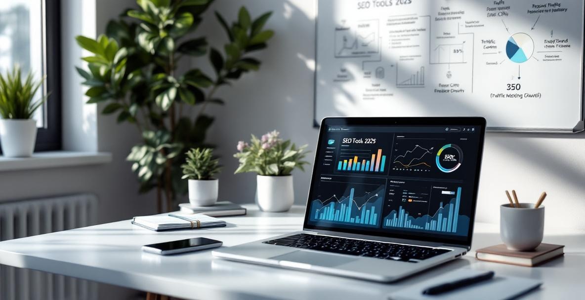 Modern workspace with laptop showing SEO metrics, smartphone, notepad, and whiteboard in background.