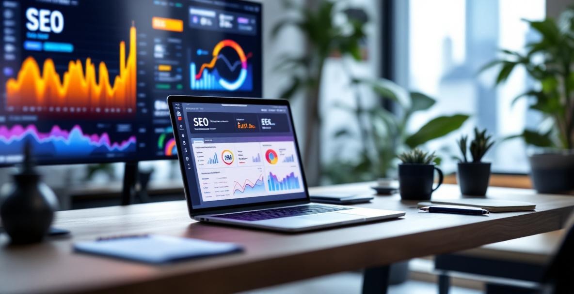 Modern office desk with laptop, SEO dashboard, digital screen, cityscape view, notebook and pen.