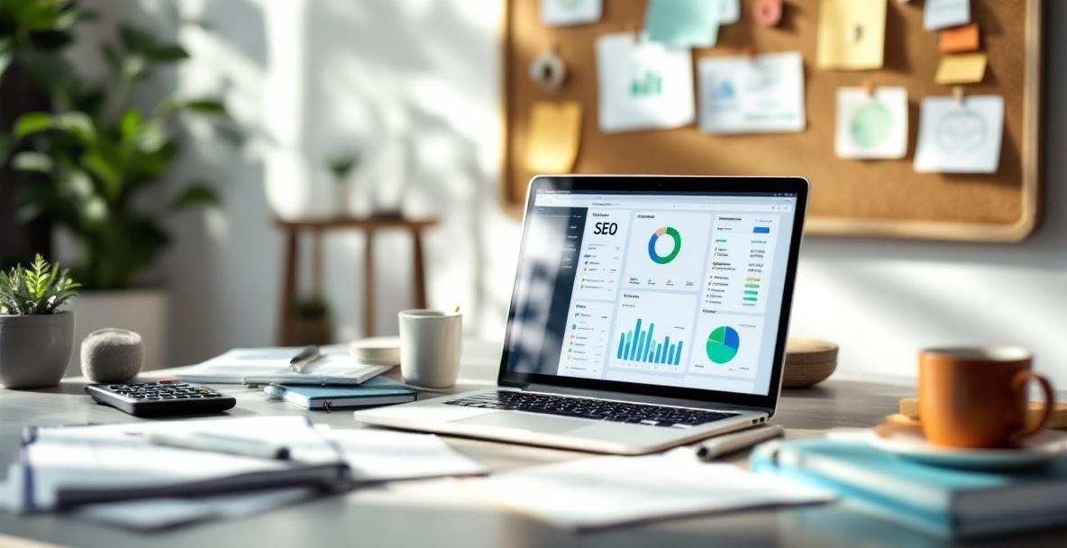 Workspace with laptop showing SEO tools, financial items, and a cork board with notes, under natural lighting.