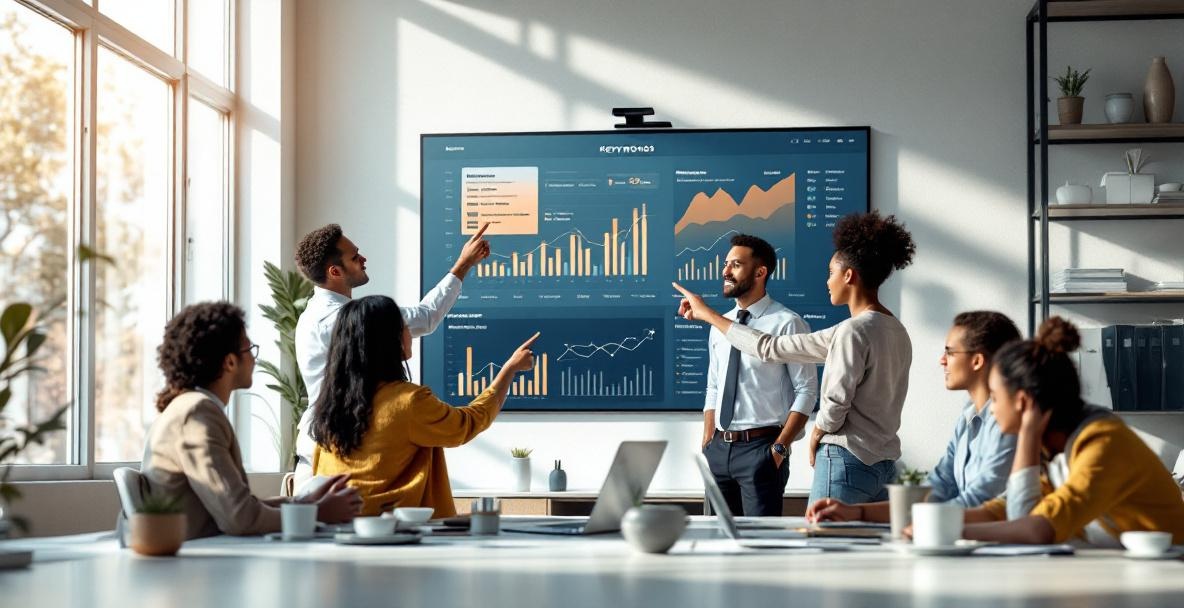 Diverse professionals analyze digital keywords on a large screen in a bright, modern office.