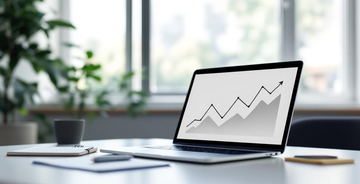 Modern minimalist office with laptop showing growth graph, notes, and natural light.