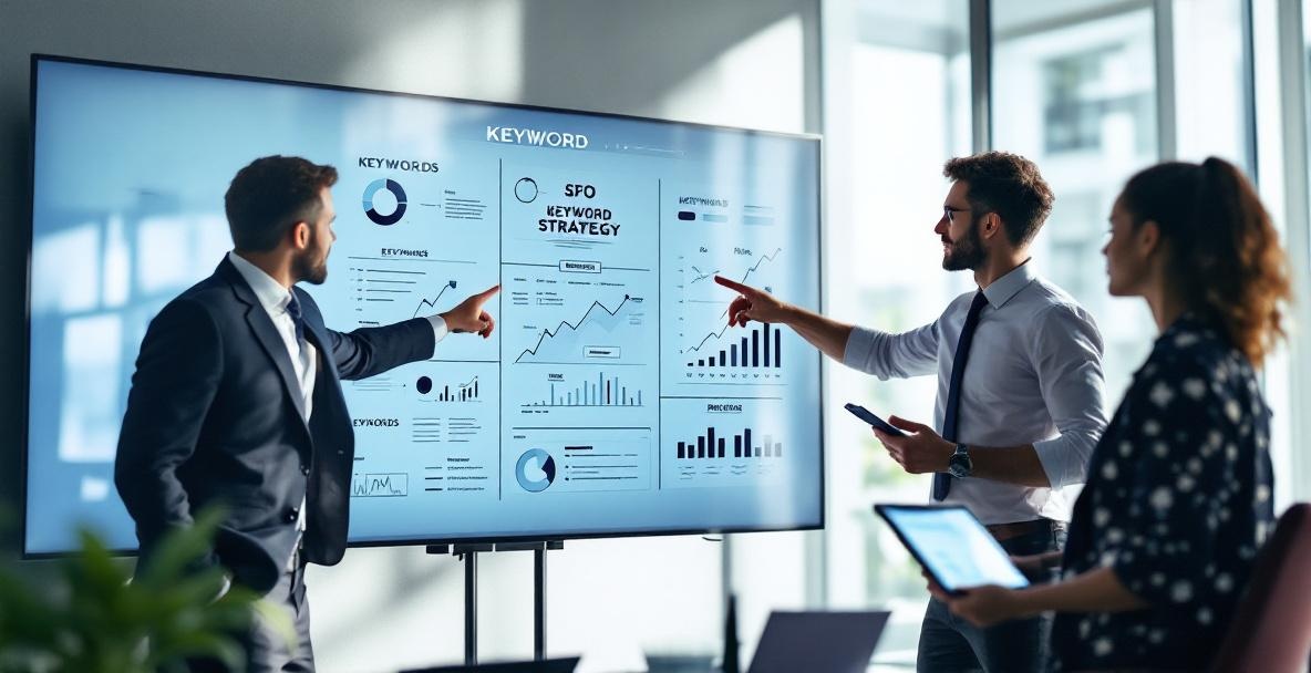 Modern office with professionals discussing a digital keyword strategy blueprint on a large screen.