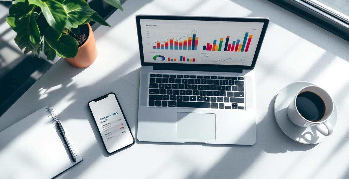 Office desk with laptop showing analytics, phone with keyword app, notepad, coffee, and plant.