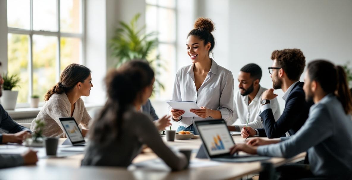 Diverse professionals discuss SEO around a conference table with a young woman engaging by asking a question.