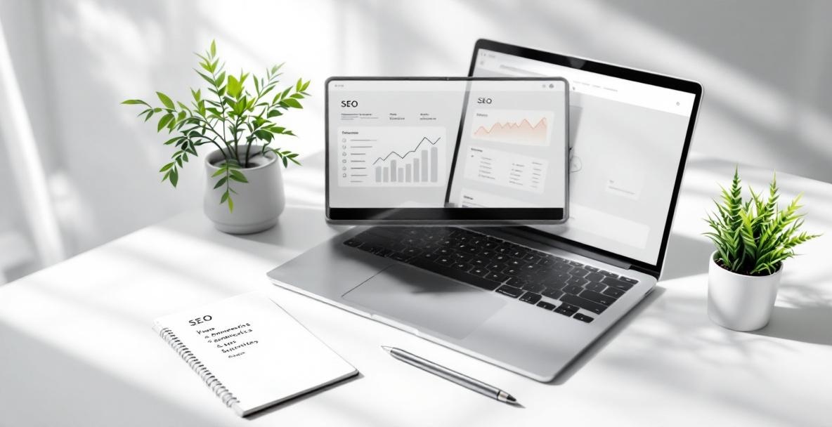 Organized workspace with a laptop showing graphs, a notepad with SEO keywords, and a small plant.