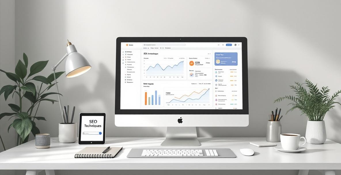 Minimalist office setup with a computer showing SEO analytics, notebook, tablet, and coffee cup.