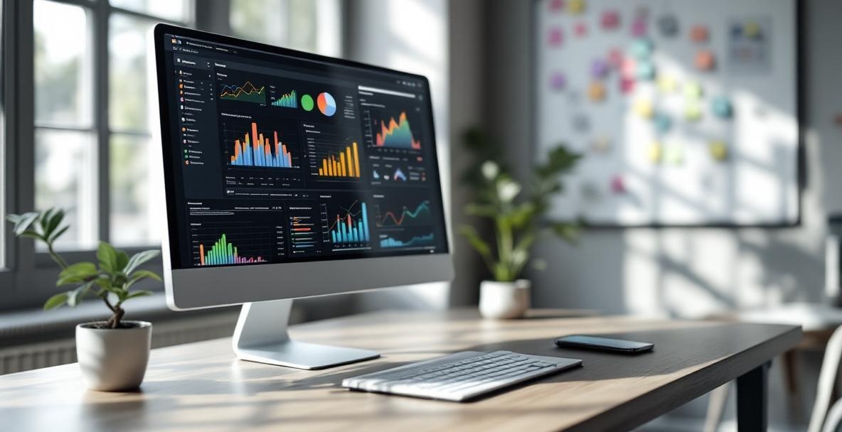 Modern office desk with computer showing analytical charts, notebook, smartphone, and plant.