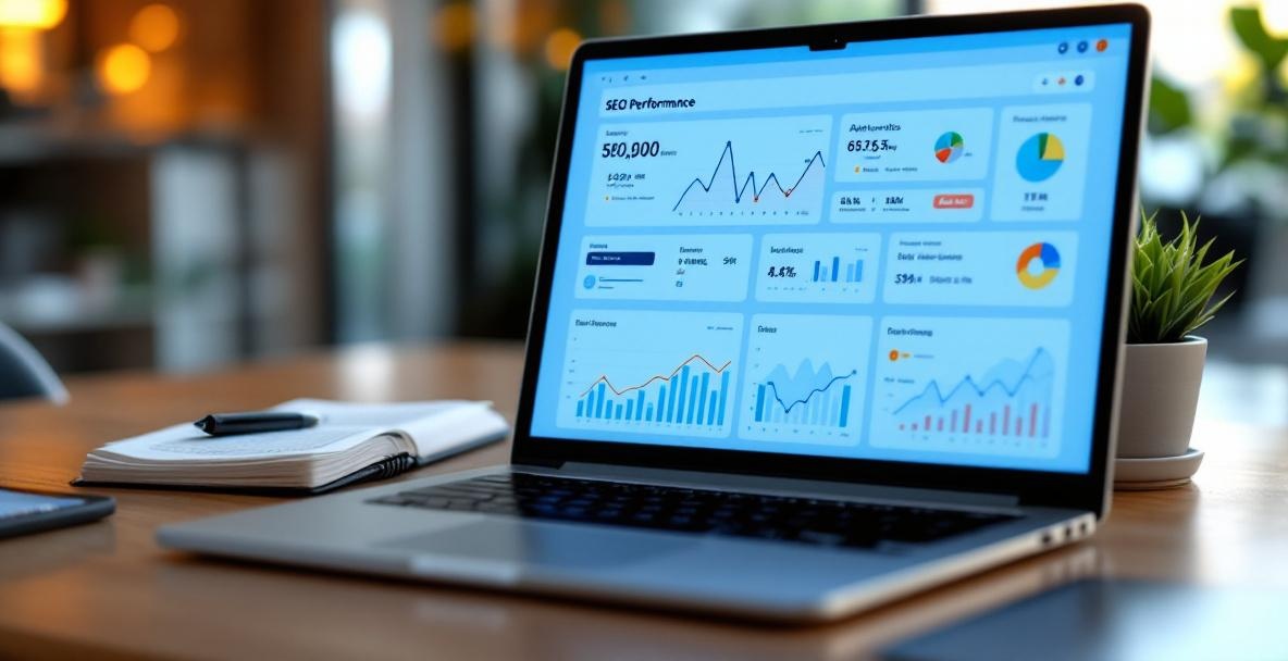 Desk with a laptop showing SEO analytics, an open notebook, and a potted plant.