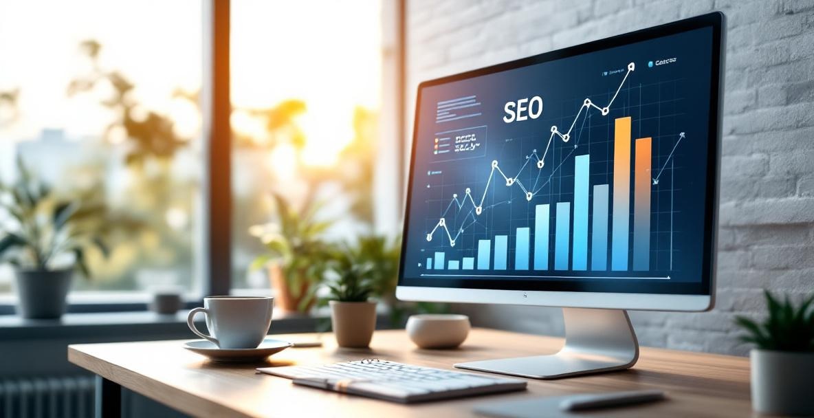 Modern office with a computer monitor showing a graph symbolizing SEO success.