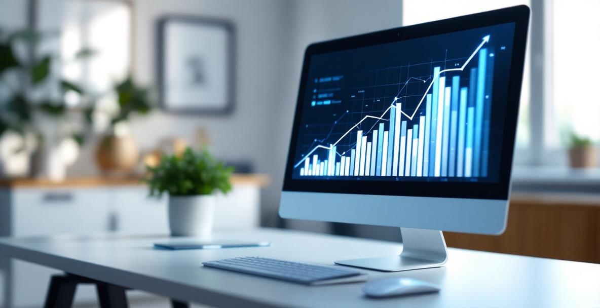 Modern office with monitor displaying upward digital graph, indicating growth.