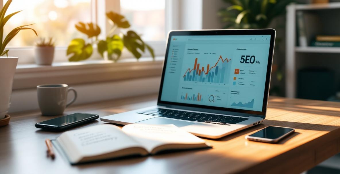 Modern workspace showing SEO analytics on a laptop with notes and a smartphone nearby.