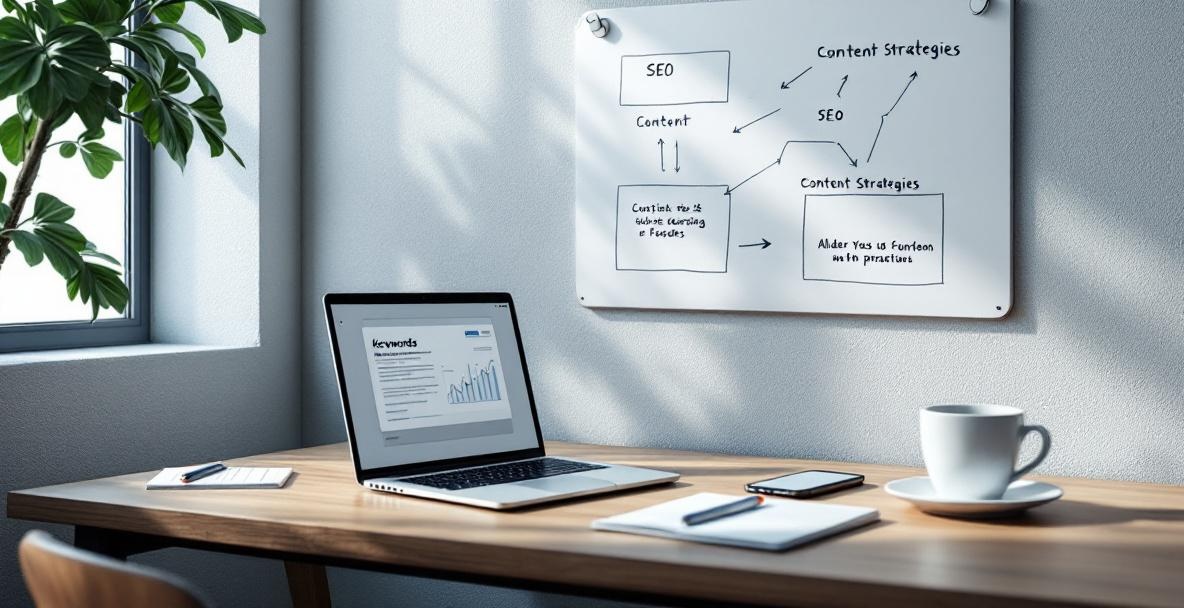 Modern office with a laptop displaying SEO keywords, smartphone showing analytics, and a whiteboard with strategies.