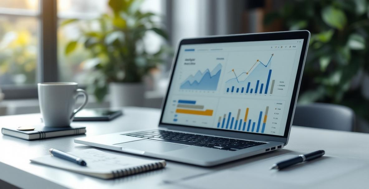 Professional analyzing data on a laptop with graphs and charts, surrounded by office items.
