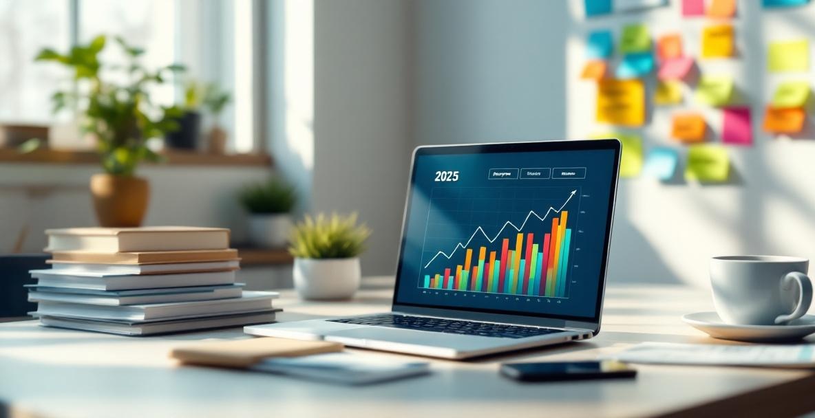 Modern workspace with laptop showing keyword trend graph, reports, phone, and coffee in natural light.