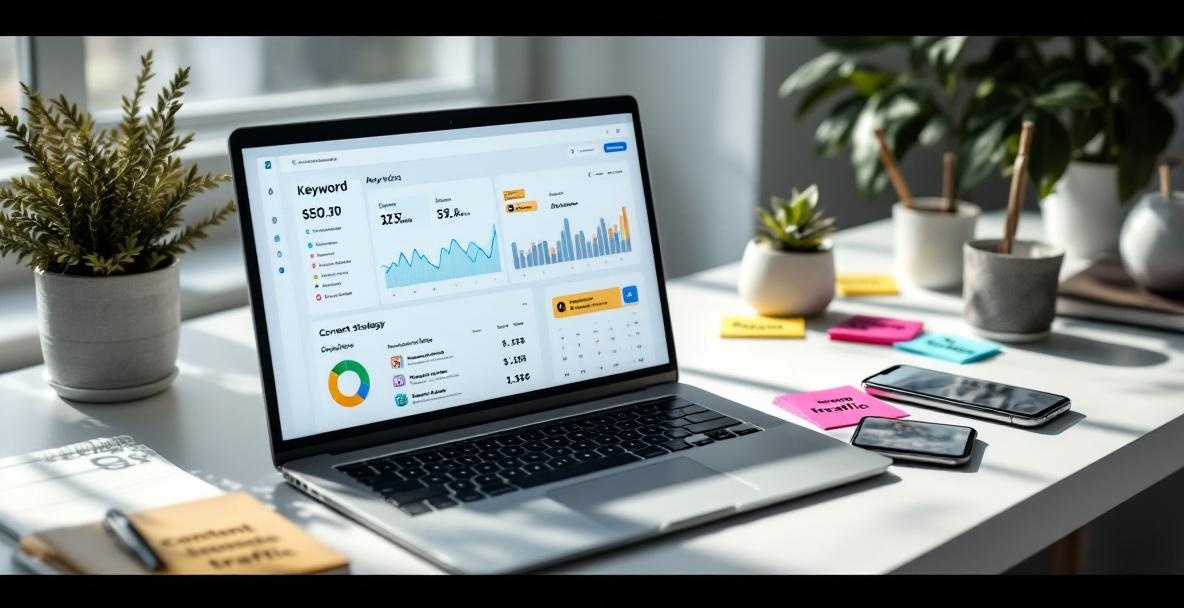Modern workspace with a laptop showing a marketing dashboard and keywords.
