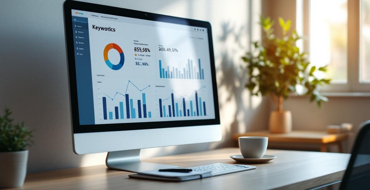 Modern office with a computer showing keyword analytics, notebook, pen, coffee cup, and plant in soft light.