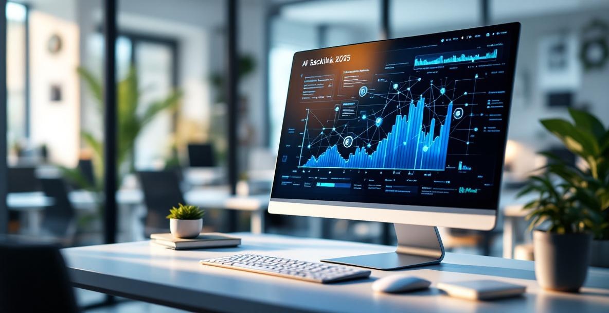 Modern desk with a computer displaying future backlink analysis visuals and AI integration.