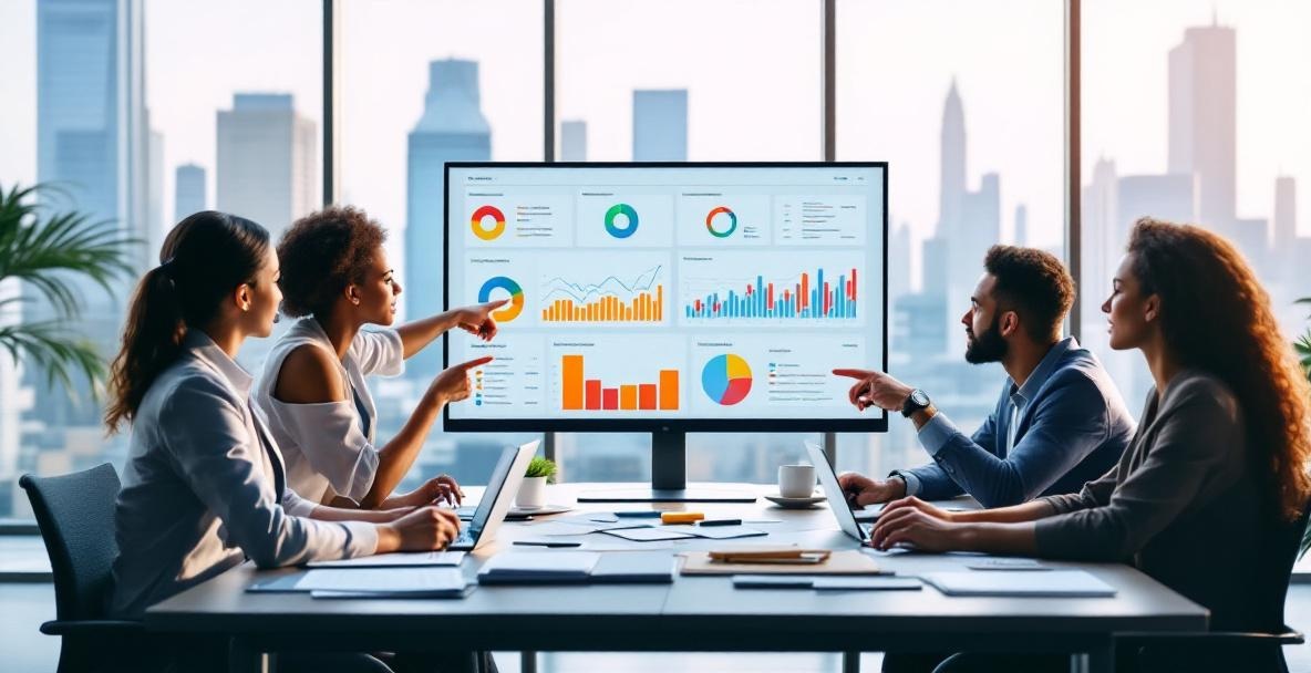 Professionals analyze backlink data on a digital dashboard in a modern office.