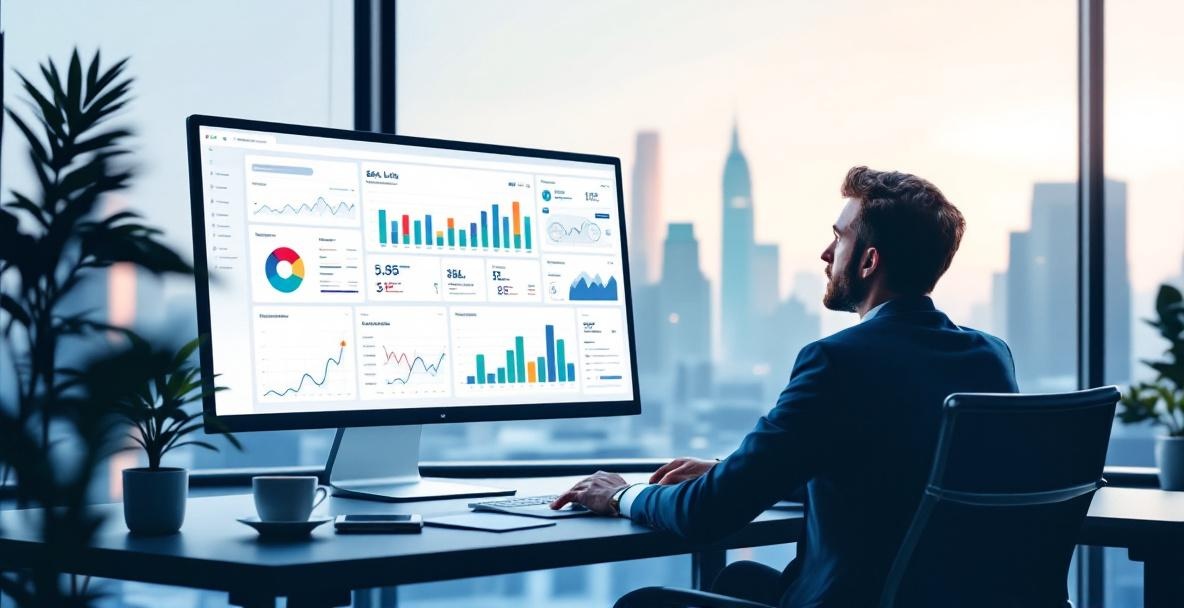 Professional analyzing backlink data on a computer with a futuristic city view in 2025.