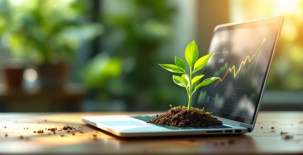 Green plant sprouting from a laptop keyboard symbolizing digital growth strategies.
