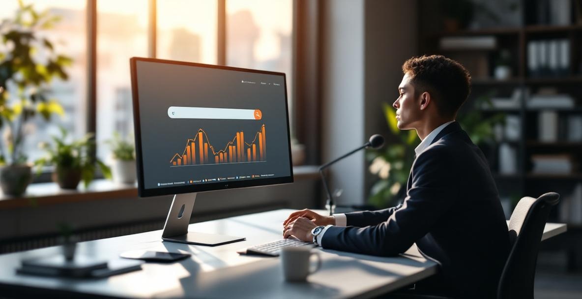 Professional analyzing search intent on a computer in a modern office setting.