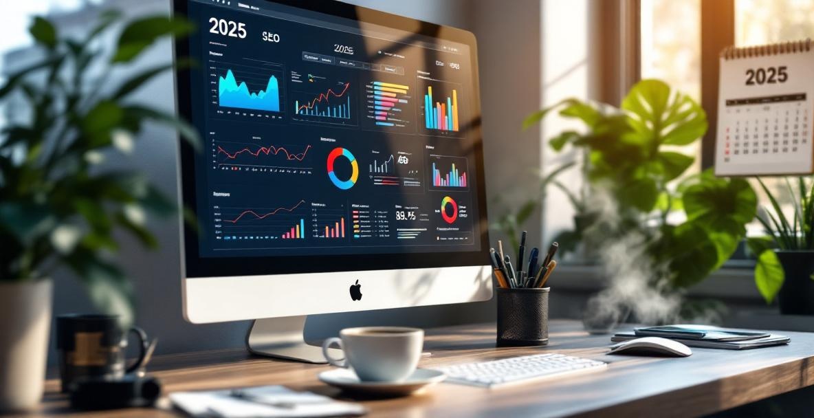 Modern office with an SEO dashboard screen, digital marketing books, and coffee in warm natural light.