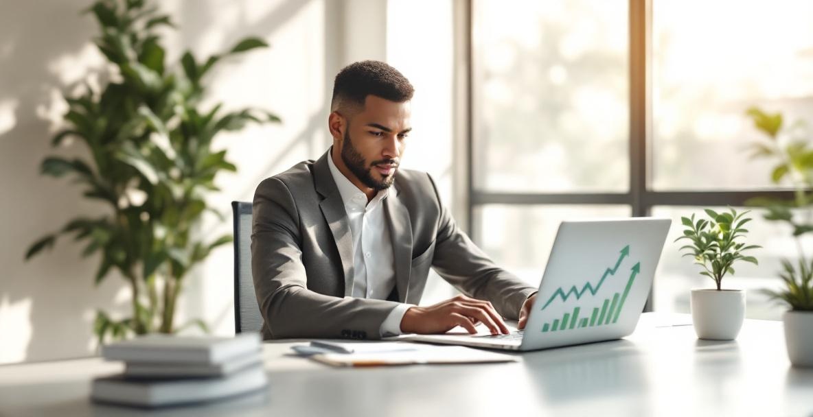 Businessperson at desk with laptop showing growth graph, symbolizing authority and trust in an office setting.