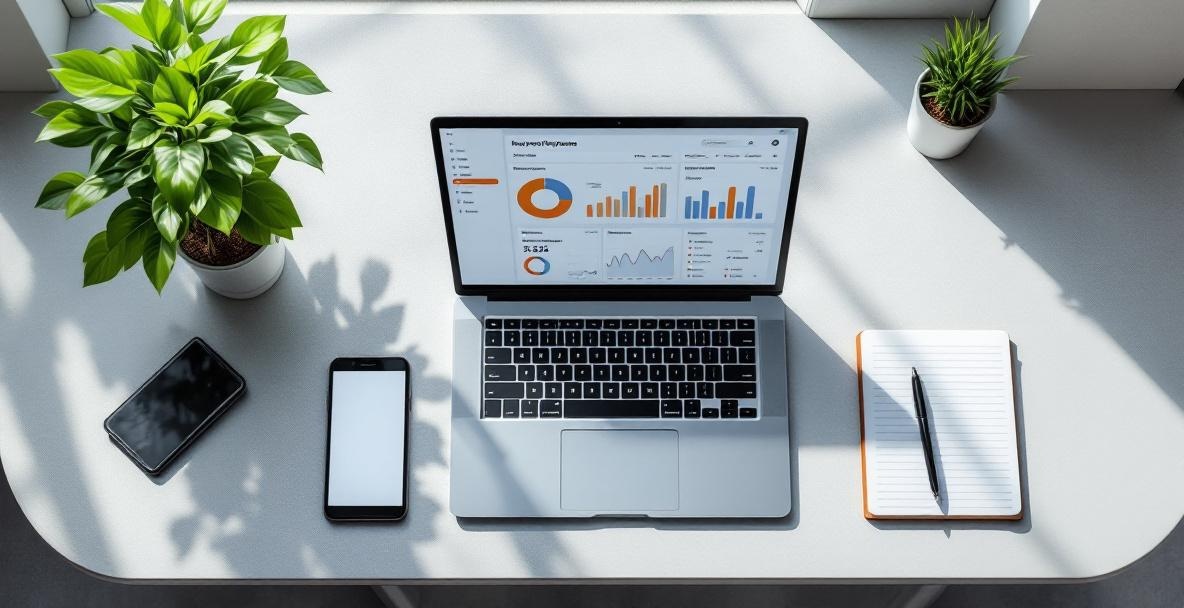 Workspace with laptop showing keyword analytics, smartphone, notepad, pen, and potted plant.