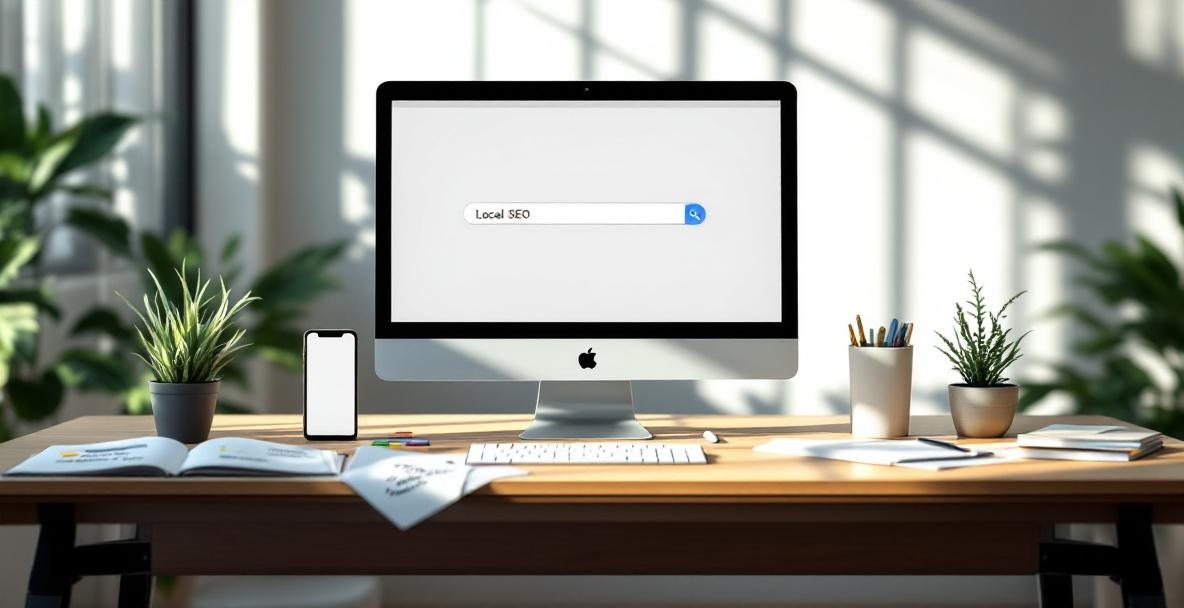 Modern office with a computer displaying 'Local SEO' search query, surrounded by notes and a smartphone showing location results.