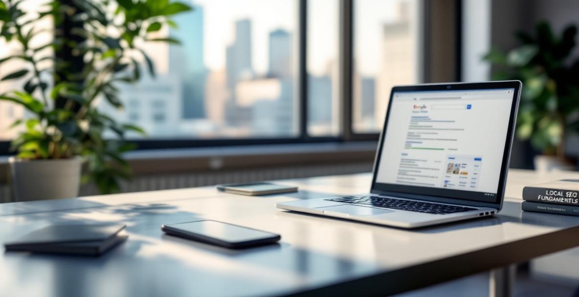 Modern desk with laptop, book on Local SEO, and smartphone in a sunlit office with cityscape view.