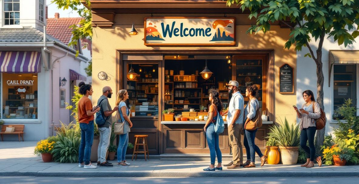 Business owner talks with diverse group outside a well-decorated local shop.